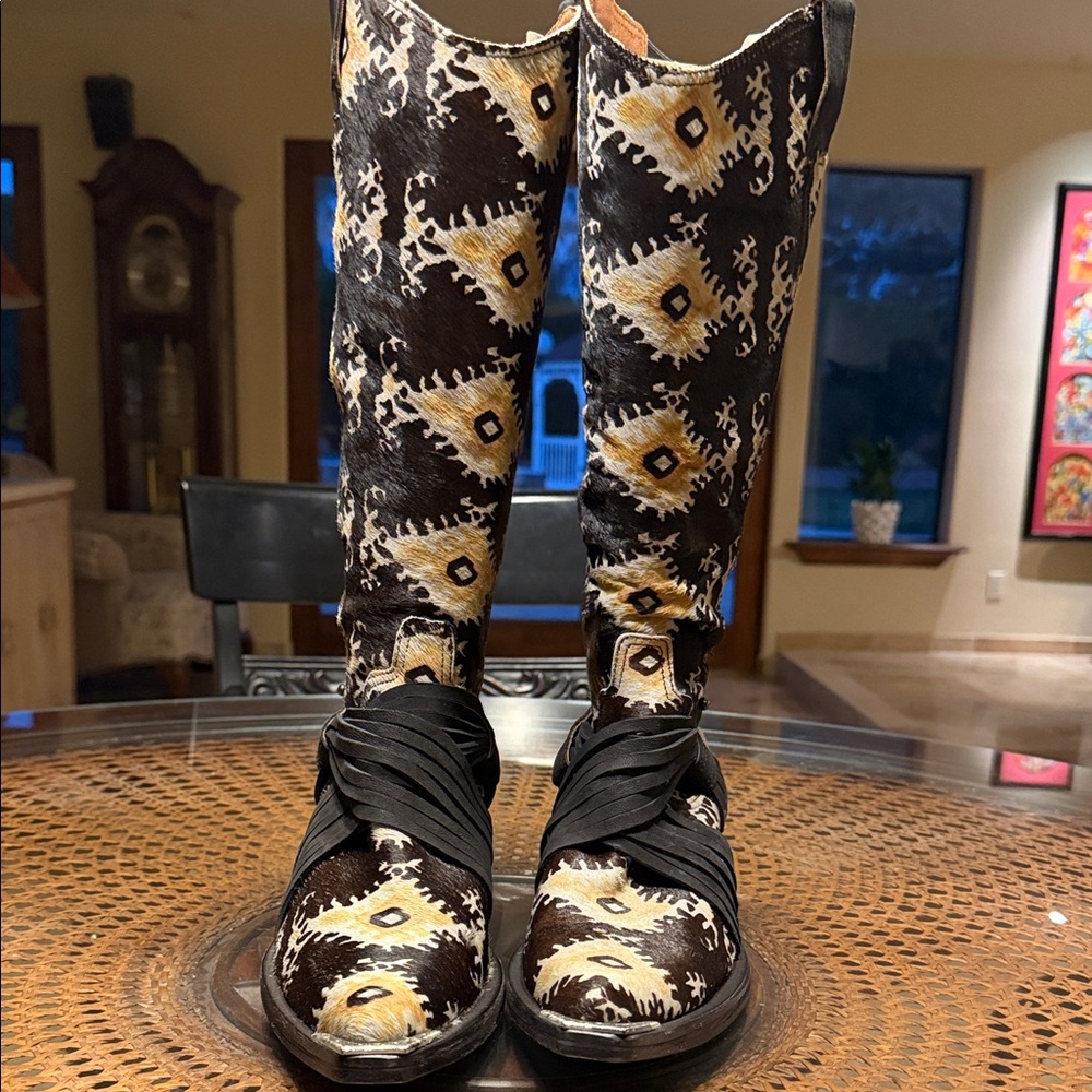 Donald J. Pliner Calf Hair Western Harness Boots Ikat Print Studded Heel - Picture 1 of 16